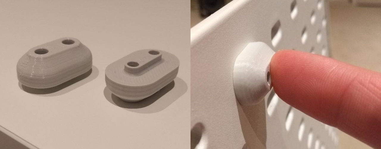 Photo of 2 3D printed back pieces, photo of one being held against pegboard hole and fitting.