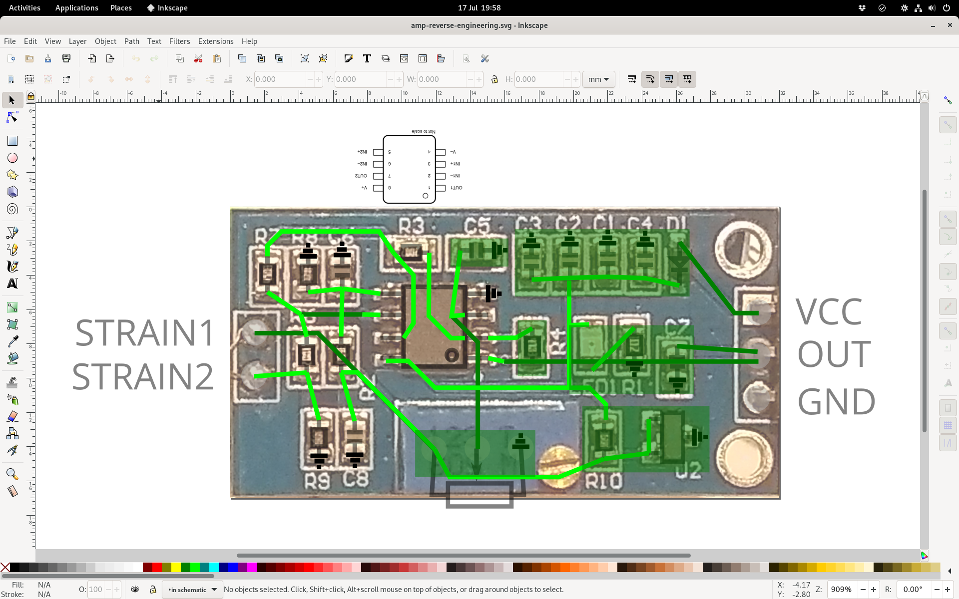 Inkscape screenshot showing photo of the PCB, with green lines drawn on it where the traces are.