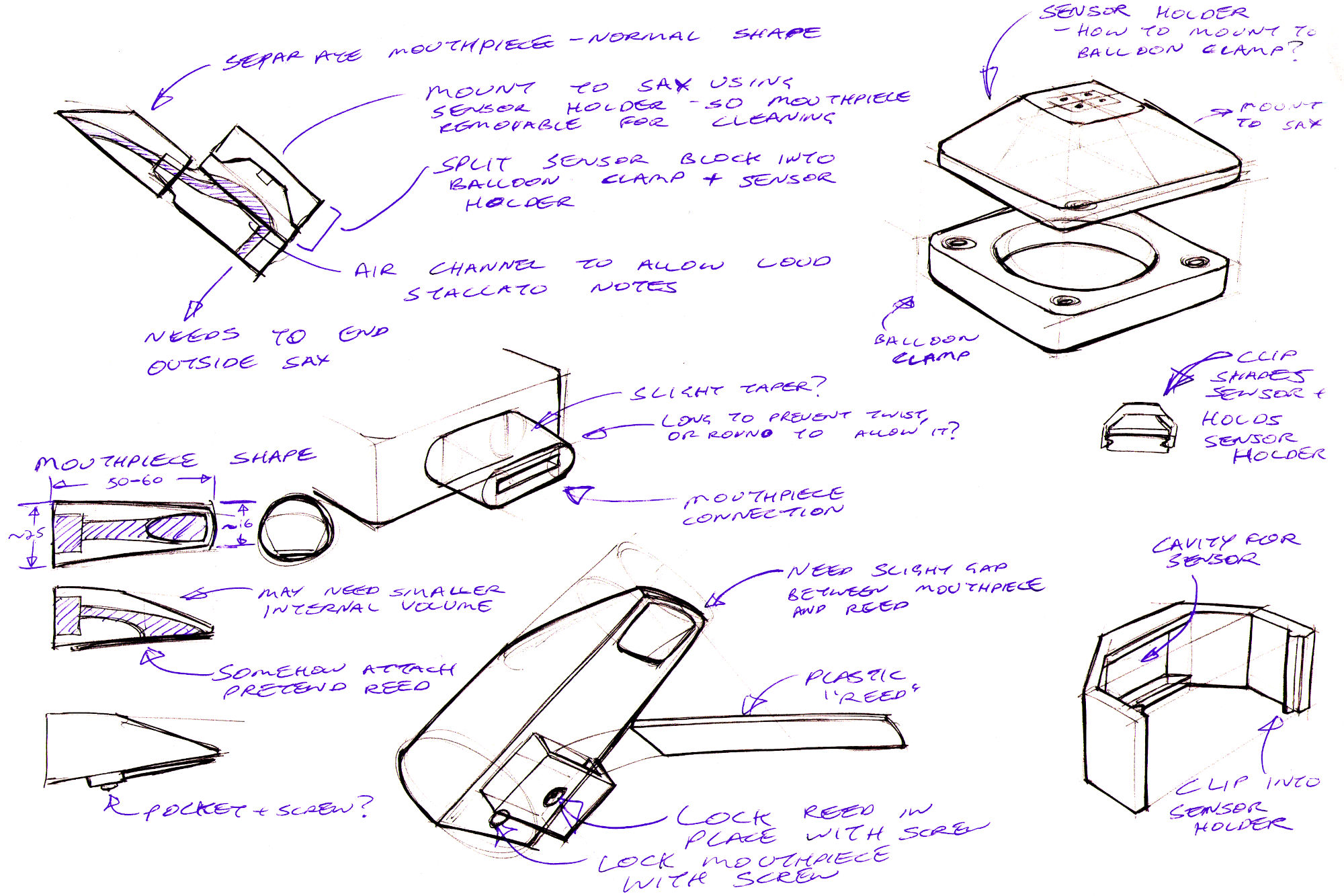 Sketch page of ideas of how to implement a more sax-like mouthpiece, including separating it from the breath sensor and using a separate fake reed