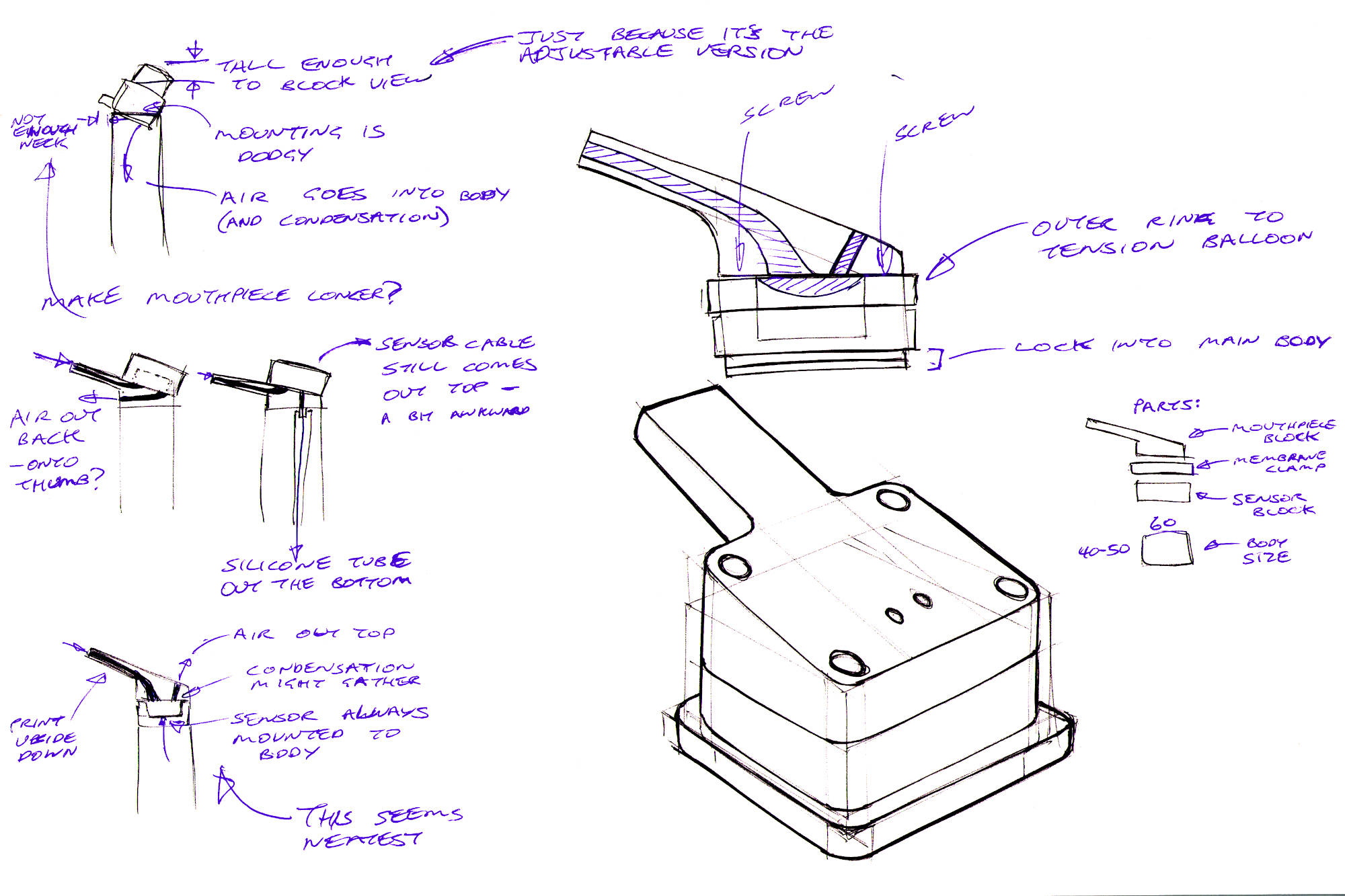 Sketch page around ideas for how to lay out a nicer single-piece mouthpiece in a way that the wires go into the body of the sax but the wet air doesn't