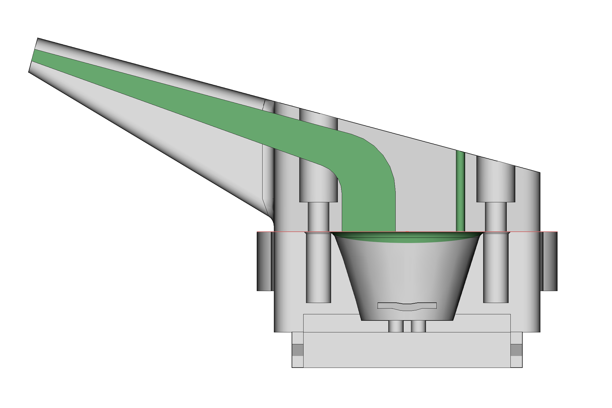 Cross section from CAD of the unibody breath sensor, showing the air coming in through a tapered mouthpiece on the front, expanding the rubber membrane and exiting through a narrow passage on the top